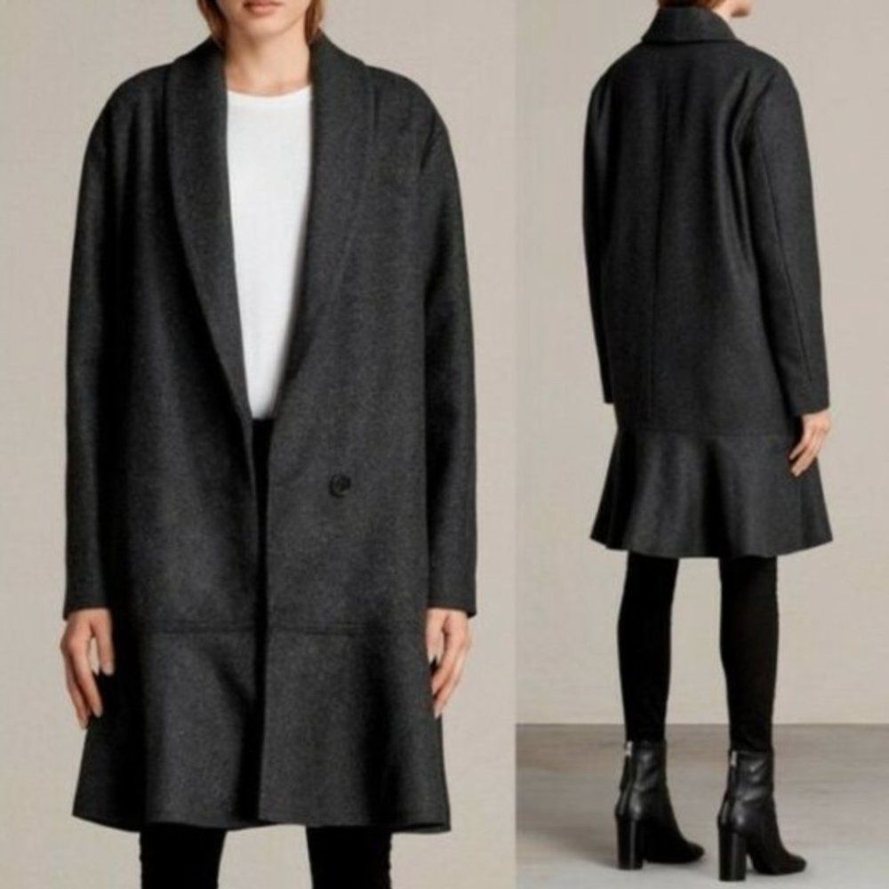 NWT All Saints Grace Coat Sz M Charcoal Tiered Ruffle Drop Waist Wool Flapper